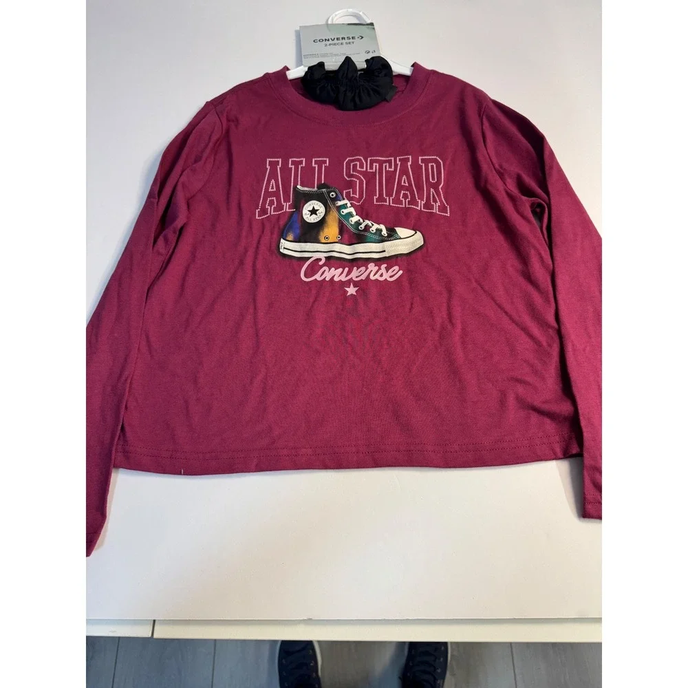 Converse Girls 2-Piece Set Long Sleeve Graphic Tee and Scrunchie Burgundy Size M